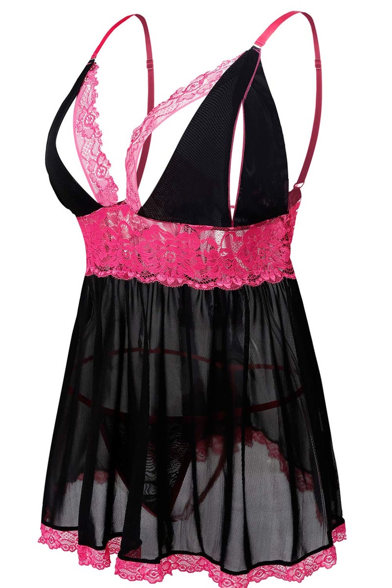 Donnalla Plus Size Babydoll Lingerie Set for Women Sexy Mesh Lace Nightwear Adjustable Straps V Neck Chemise with Panty - Image 2
