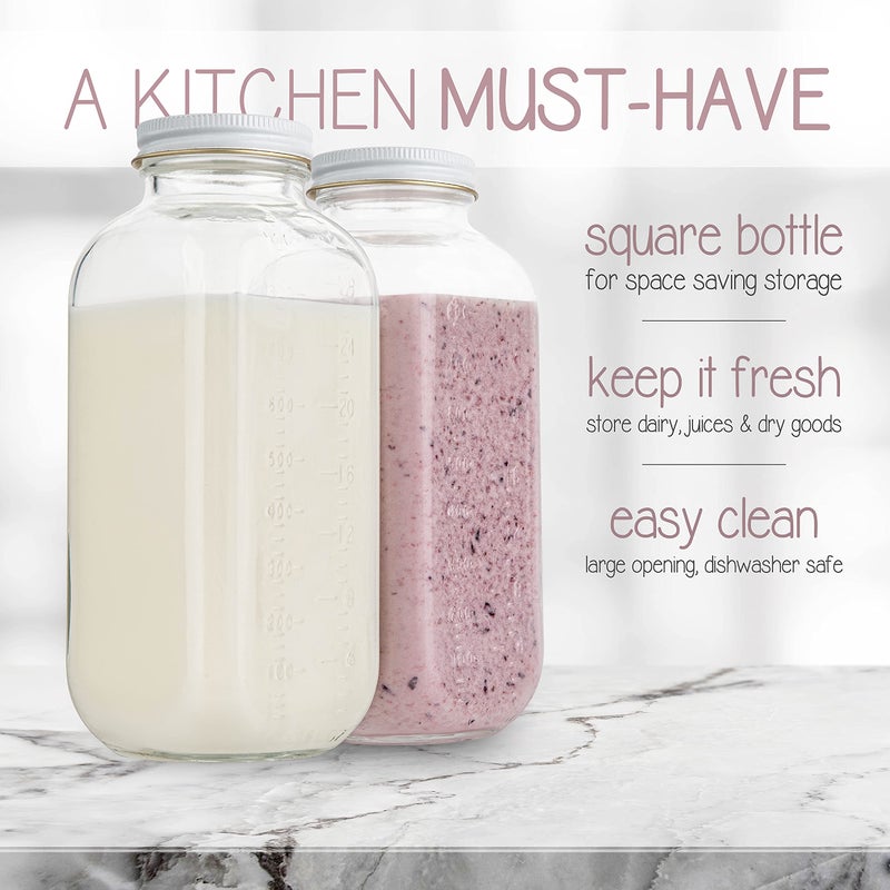 kitchentoolz 32oz Square Glass Milk Bottle with White Metal Airtight Lids - Vintage Reusable Milk Jugs - Dairy Drinking Containers for Milk  Yogurt  Smoothies  Kefir  Kombucha  and Water- by kitchentoolz - Image 2