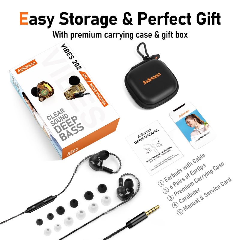 Audiovance Vibes 202M Wired Earbuds - HiFi in Ear Monitor Headphones - Noise Isolating Ear Buds w/ Mic - Clear Sound, Deep Bass & Comfort-Fit Gaming Earphones - MMCX to 3.5mm & Silver Plated Cord, Carrying Case - Image 5