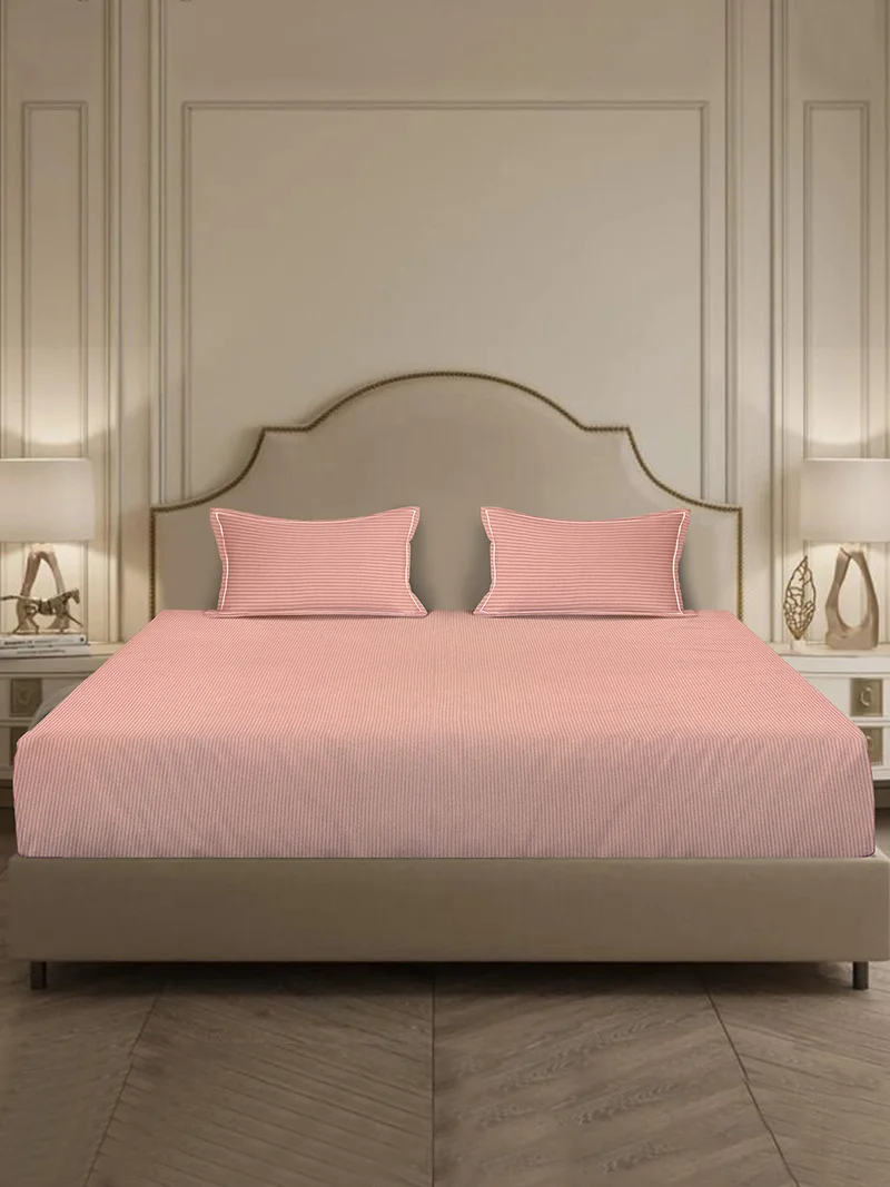 MULBERRY LIVING 100% Cotton 3 pc set -Linear Luxe- 1 fitted bedsheet 180x200x30cms / 2 pillowcovers 50x75 cms - Rose Tan