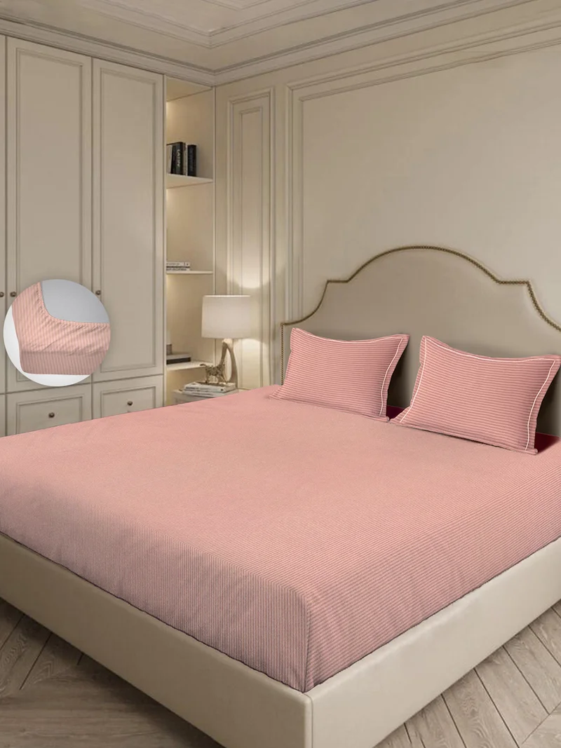 MULBERRY LIVING 100% Cotton 3 pc set -Linear Luxe- 1 fitted bedsheet 180x200x30cms / 2 pillowcovers 50x75 cms - Rose Tan