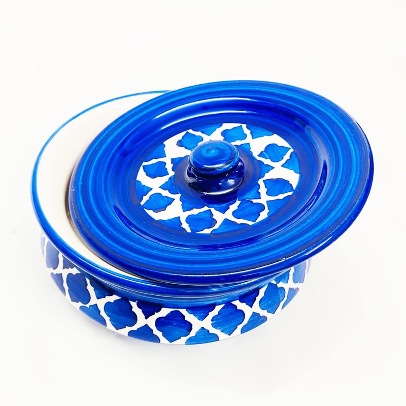 SG Shadowgreen ShadowGreen Ceramic Serving Bowl with lid Dekchi Gravy Bowl Dinner Bowl with lid | Set of 1 - Dark Blue Design | (1000ML Large) - Image 1