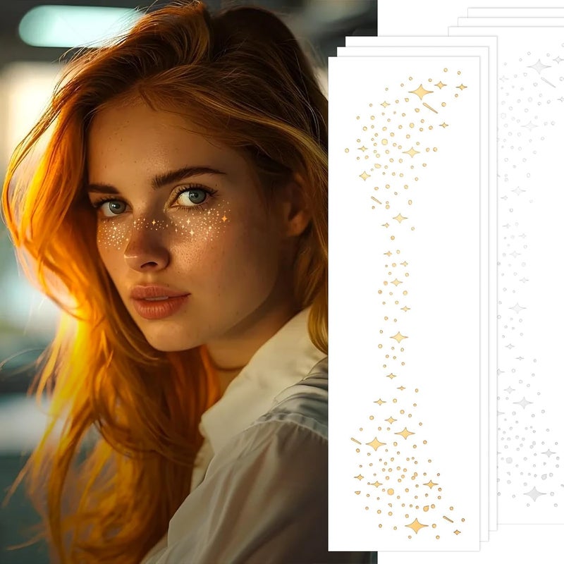ChicAbode Glitter Freckles Face Tattoo 6 Sheets Face Makeup Patches Gold & Silver Star Fake Freckles Cute Glitter Makeup Accessories for Women Girls - Image 1
