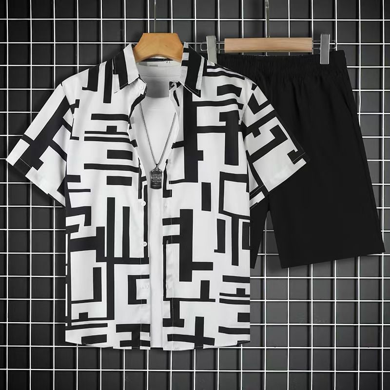 Generic Beach suit Summer Short-sleeved Fashionable Shirt plus size Loose Hawaiian Mens Casual Shorts Collocation Couple Fb-202#Suit [shirt + shorts] 