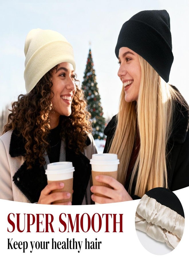 PFFY 2 Packs Womens Satin Lined Beanie Hat Silk Lining Winter Hats Beanies for Women Soft Slouchy Beanie Skull Cap Black+Black - Image 3