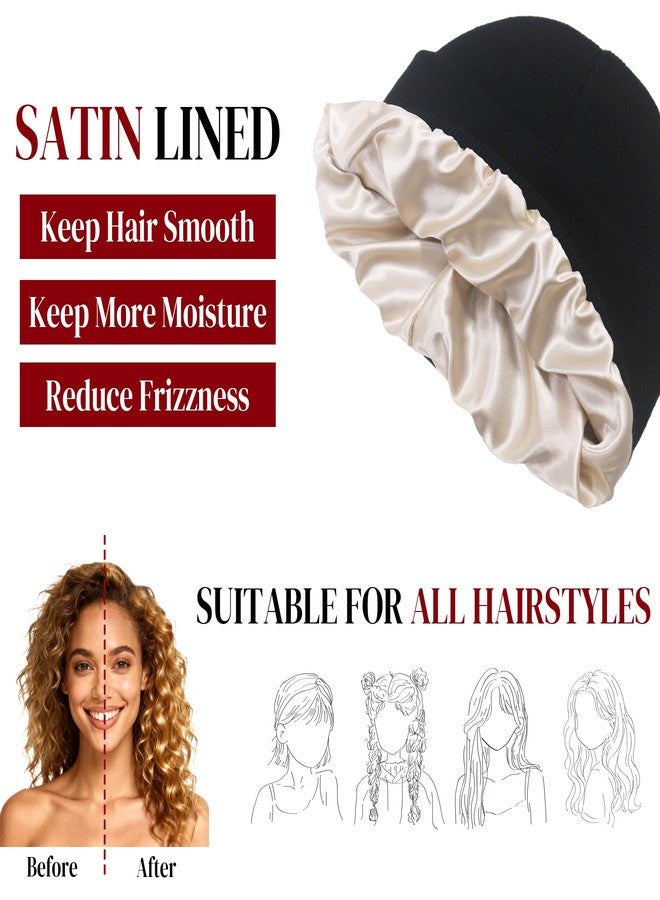 PFFY 2 Packs Womens Satin Lined Beanie Hat Silk Lining Winter Hats Beanies for Women Soft Slouchy Beanie Skull Cap Black+Black - Image 2