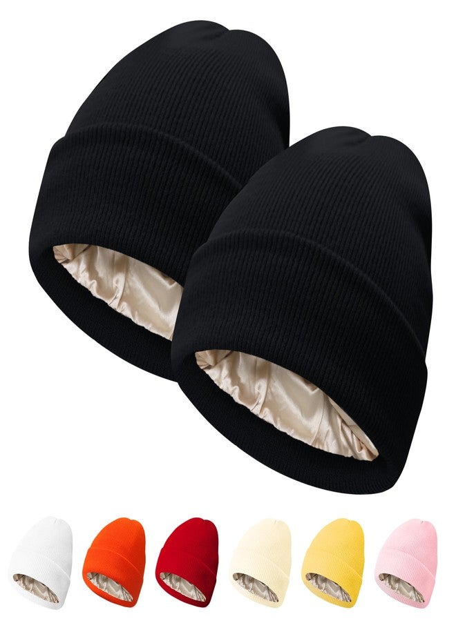 PFFY 2 Packs Womens Satin Lined Beanie Hat Silk Lining Winter Hats Beanies for Women Soft Slouchy Beanie Skull Cap Black+Black - Image 1