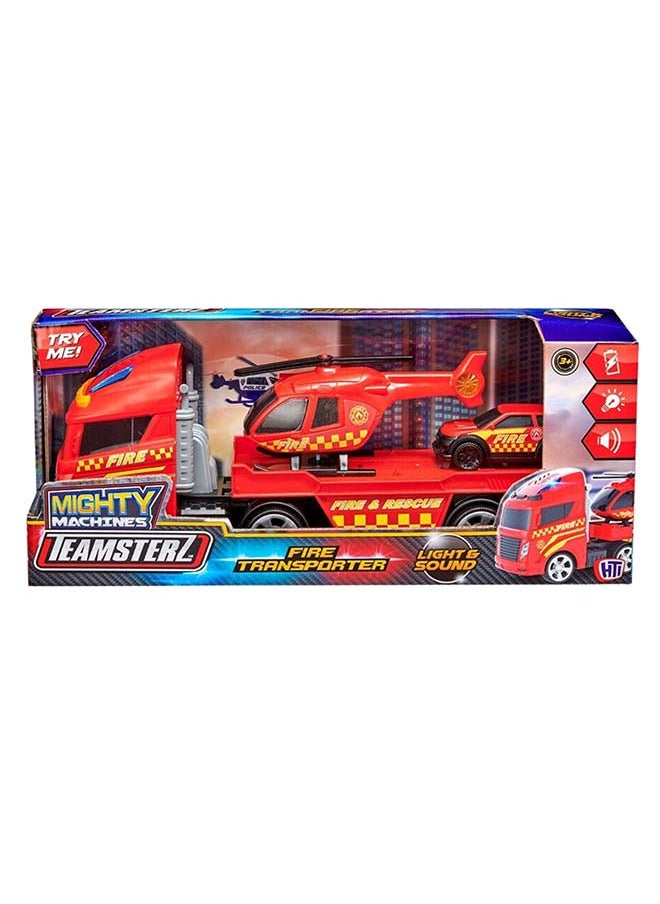D-Power Teamsterz Fire Transporter Play Vehicle Set with Helicopter & Car | Easy to carry and transport | Engaging lights and realistic sound effects | Requires 3 x LR44 batteries (included) to power the lights and sounds | Suitable for children aged 3 years and above  - Image 1