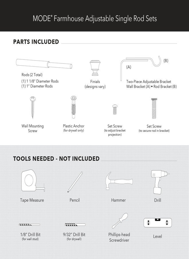 MODE Farmhouse Collection 1 1/8" Diameter Curtain Rod Set with Porch Doorknob Curtain Rod Finials and Steel Wall Mounted Adjustable Curtain Rod, Fits 36” to 72” Windows, Weathered Oak - Image 5