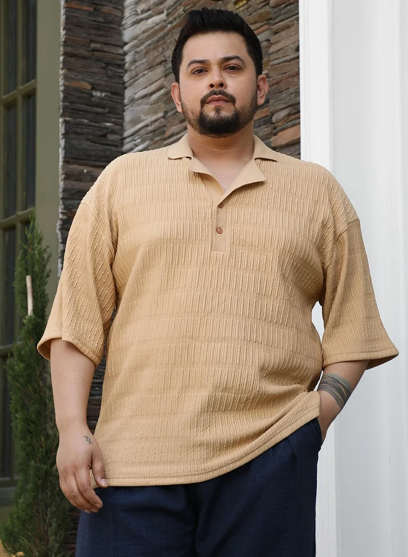انستافاب بلس Instafab Plus Men's Buff Beige Bubble Cuban Polo T-Shirt For Casual Wear | Polo Neck | Short Cuffed Sleeves | Half-Button Closure | Plus Size T-Shirt Crafted With Comfort Fit For Everyday Wear