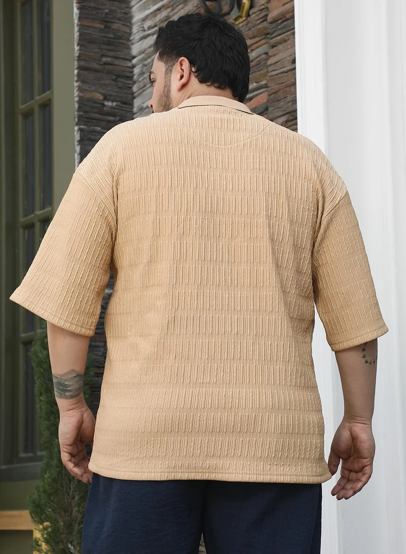 Instafab Plus Instafab Plus Men's Buff Beige Bubble Cuban Polo T-Shirt For Casual Wear | Polo Neck | Short Cuffed Sleeves | Half-Button Closure | Plus Size T-Shirt Crafted With Comfort Fit For Everyday Wear