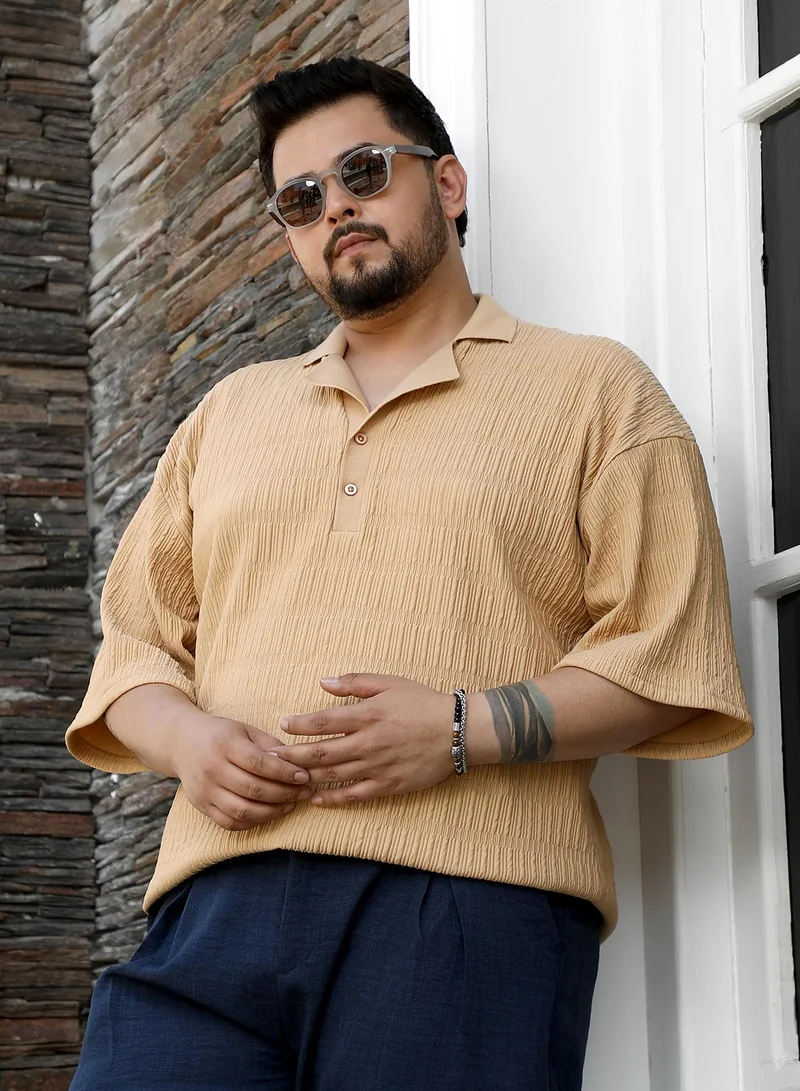 انستافاب بلس Instafab Plus Men's Buff Beige Bubble Cuban Polo T-Shirt For Casual Wear | Polo Neck | Short Cuffed Sleeves | Half-Button Closure | Plus Size T-Shirt Crafted With Comfort Fit For Everyday Wear