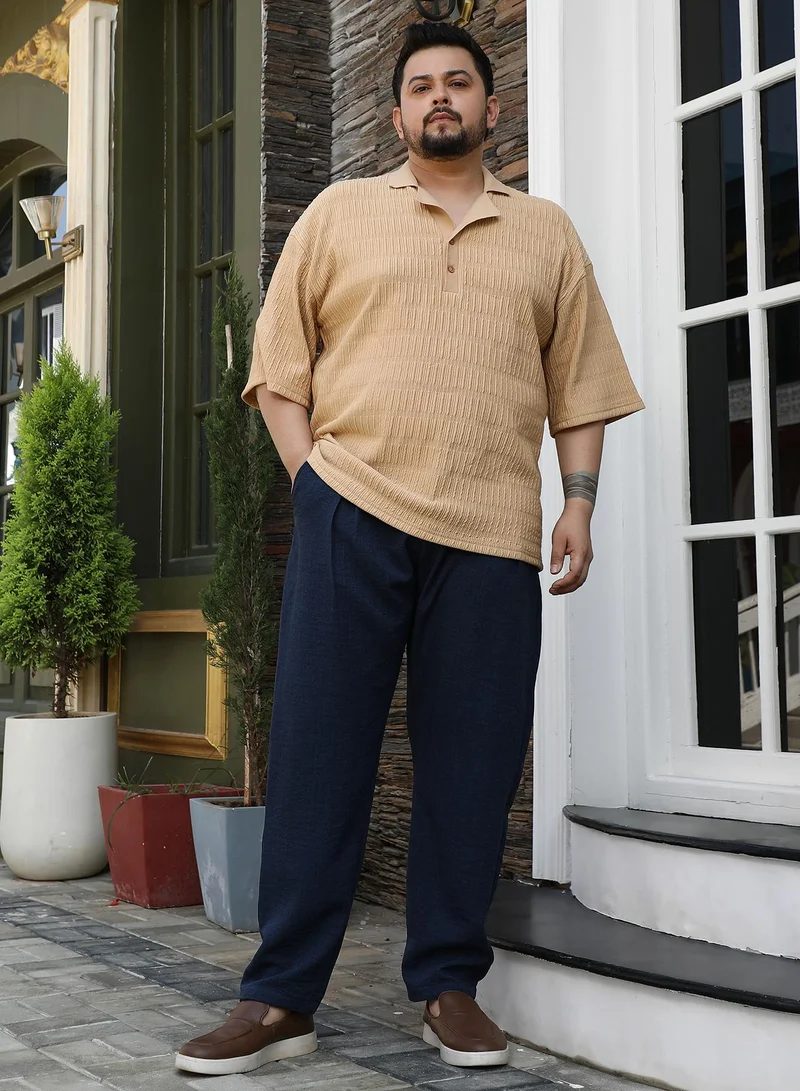 Instafab Plus Instafab Plus Men's Buff Beige Bubble Cuban Polo T-Shirt For Casual Wear | Polo Neck | Short Cuffed Sleeves | Half-Button Closure | Plus Size T-Shirt Crafted With Comfort Fit For Everyday Wear