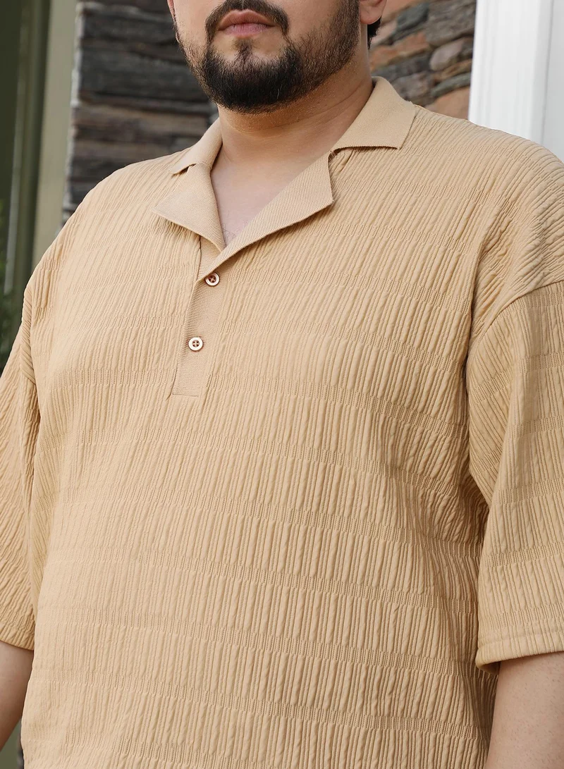 Instafab Plus Instafab Plus Men's Buff Beige Bubble Cuban Polo T-Shirt For Casual Wear | Polo Neck | Short Cuffed Sleeves | Half-Button Closure | Plus Size T-Shirt Crafted With Comfort Fit For Everyday Wear