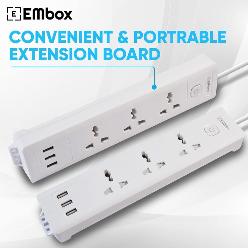 EMBOX EMBOX 10A Extension Board with 5 Meter Cable with USB Master SwitchSpike Guard with 3 Universal Sockets 3 USB PortsExtension Cord with Safety Shutter2500W 3 Sockets 3 USB 5 Mtr Cord Length  - Image 2