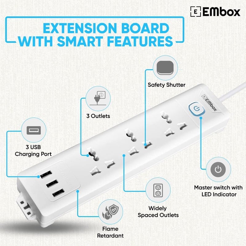 EMBOX EMBOX 10A Extension Board with 5 Meter Cable with USB Master SwitchSpike Guard with 3 Universal Sockets 3 USB PortsExtension Cord with Safety Shutter2500W 3 Sockets 3 USB 5 Mtr Cord Length  - Image 3