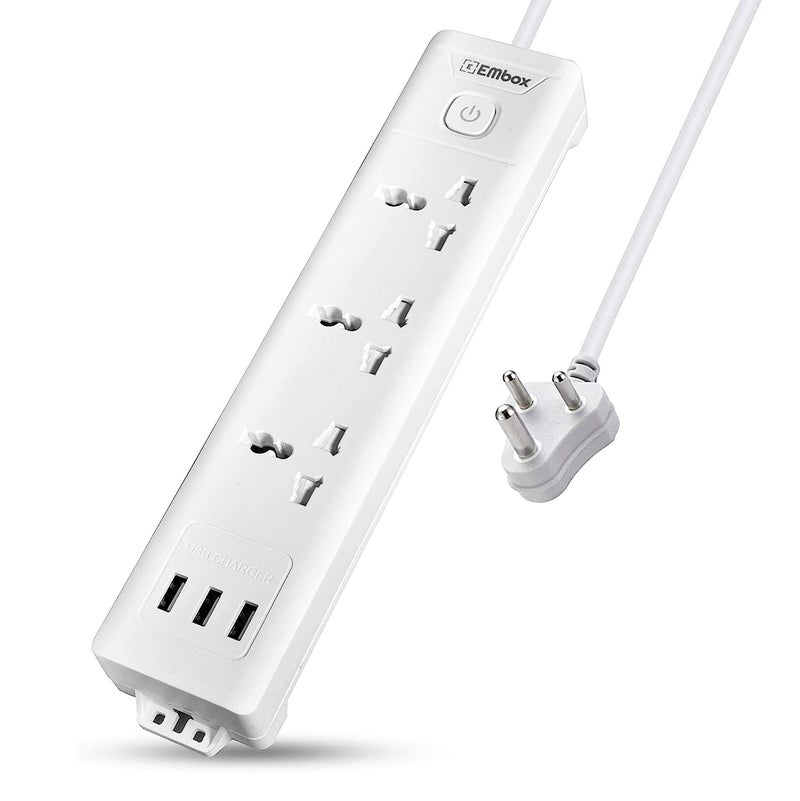 EMBOX EMBOX 10A Extension Board with 5 Meter Cable with USB Master SwitchSpike Guard with 3 Universal Sockets 3 USB PortsExtension Cord with Safety Shutter2500W 3 Sockets 3 USB 5 Mtr Cord Length  - Image 1