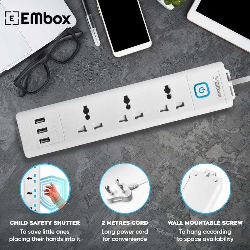 EMBOX EMBOX 10A Extension Board with 5 Meter Cable with USB Master SwitchSpike Guard with 3 Universal Sockets 3 USB PortsExtension Cord with Safety Shutter2500W 3 Sockets 3 USB 5 Mtr Cord Length  - Image 4