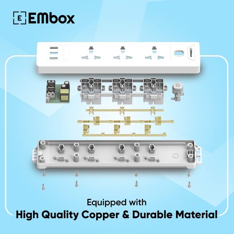 EMBOX EMBOX 10A Extension Board with 5 Meter Cable with USB Master SwitchSpike Guard with 3 Universal Sockets 3 USB PortsExtension Cord with Safety Shutter2500W 3 Sockets 3 USB 5 Mtr Cord Length  - Image 5