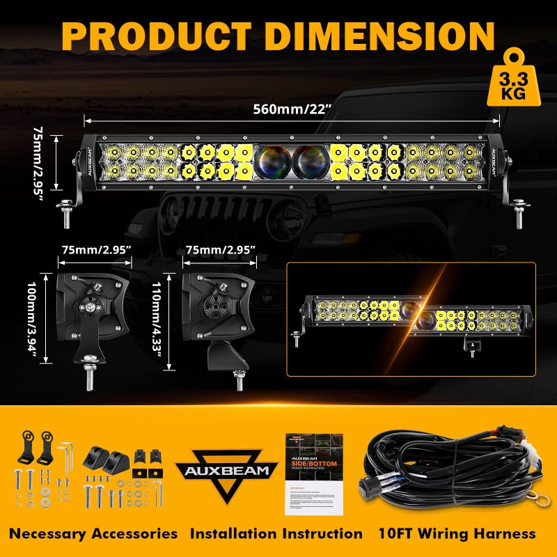 Auxbeam 22 Inch LED Light Bar, 5D-PRO Series 180W Waterproof Dual Row Spot Flood Combo Off Road Driving Lights, Auxiliary Bumper Work Lights with 10FT Wiring Harness for Car SUV UTV ATV Pickup Truck - Image 2