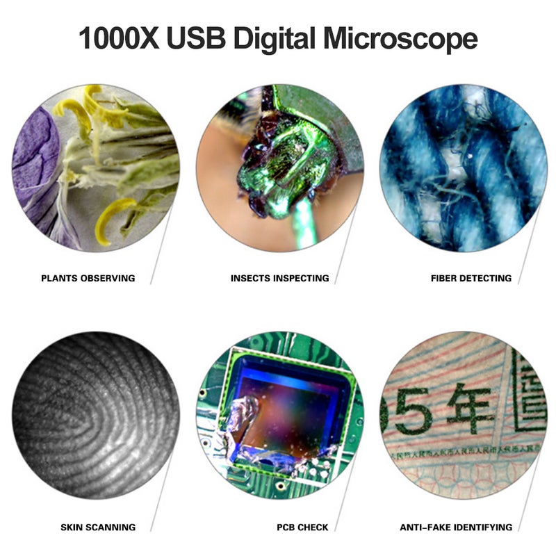 مجهر رقمي محمول USB2.0 1000x منظور إلكتروني 8 إضاءات LED 2 مليون بكسل كاميرا مجهر مكبر عملي أسود - Image 3
