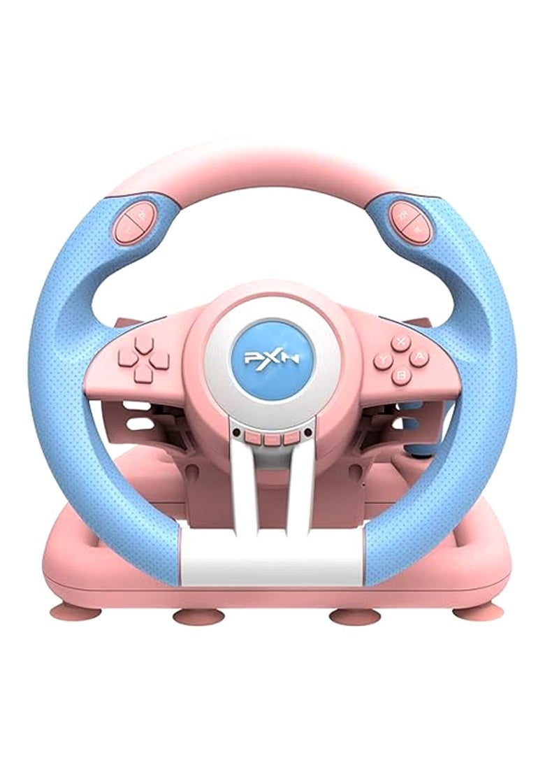 PXN V3 PRO Racing Wheel B-V3PRO-V06-2401 – Gaming Steering Wheel with Pedals, 180° Rotation, Dual Vibration & Ergonomic Design for PC, PS4, Xbox & Switch (Blue Pink) - Image 1
