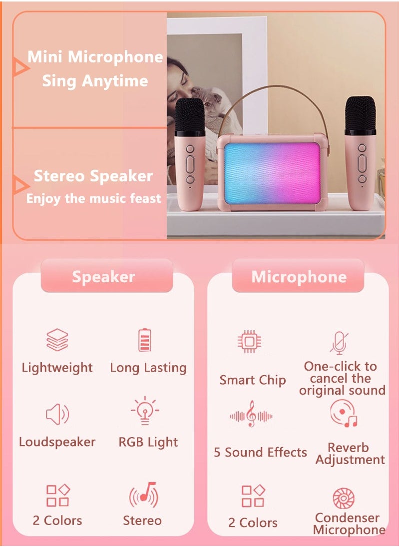 Vermaney - Mini Karaoke Machine, Dual Wireless Bluetooth Karaoke Microphone with RGB Bluetooth Speaker, Portable Party Karaoke Speaker with Mic, Gifts for Kids and Adults (Pink) - Image 1