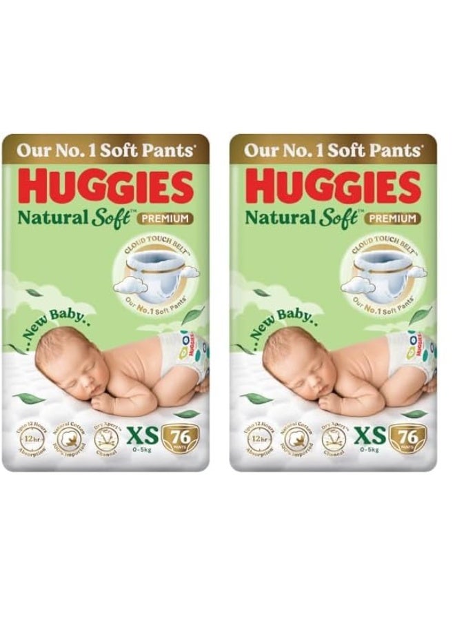 Huggies Natural Soft Premium Baby Diaper Pants, Our No.1 Soft Pants, Newborn/Extra Small (XS) Size (0-5 Kgs), Pack of 76*2 | Cloud Softness All over with India's 1st Cloud Touch Belt - Image 1