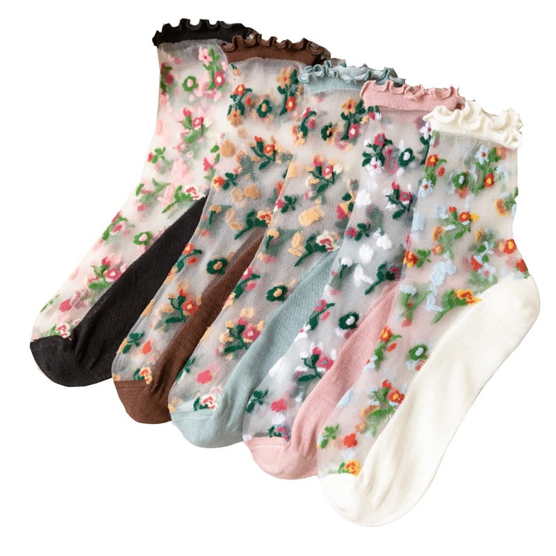 Benefeet Sox Womens Lace Sheer Socks Thin Nylon Crystal Glass Ruffle Socks Girls Cute Floral Patterned Frilly Mesh Sock Ankle Fancy Clear Transparent See Through Summer Sock 5 Pack - Image 1