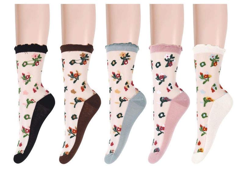 Benefeet Sox Womens Lace Sheer Socks Thin Nylon Crystal Glass Ruffle Socks Girls Cute Floral Patterned Frilly Mesh Sock Ankle Fancy Clear Transparent See Through Summer Sock 5 Pack - Image 4