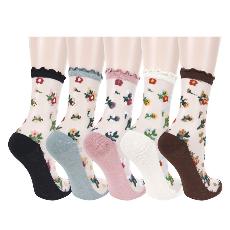 Benefeet Sox Womens Lace Sheer Socks Thin Nylon Crystal Glass Ruffle Socks Girls Cute Floral Patterned Frilly Mesh Sock Ankle Fancy Clear Transparent See Through Summer Sock 5 Pack - Image 5