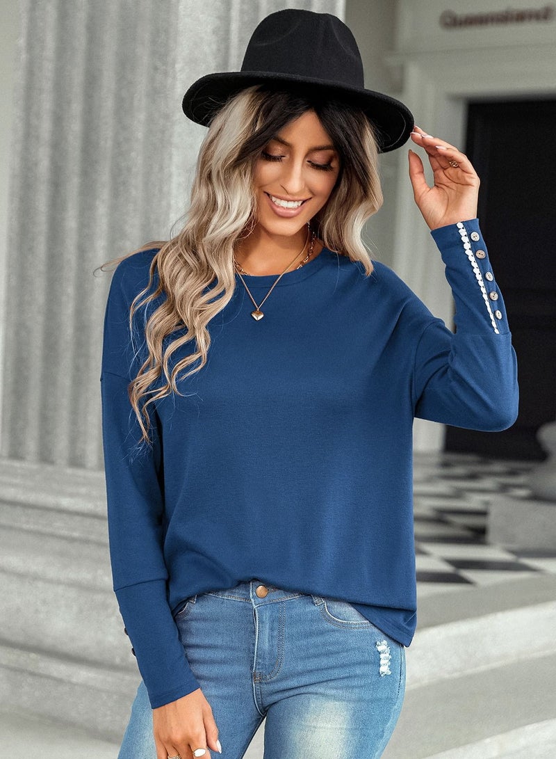 Loquat Solid round neck pullover shirt loose shirt Blue  - Image 1