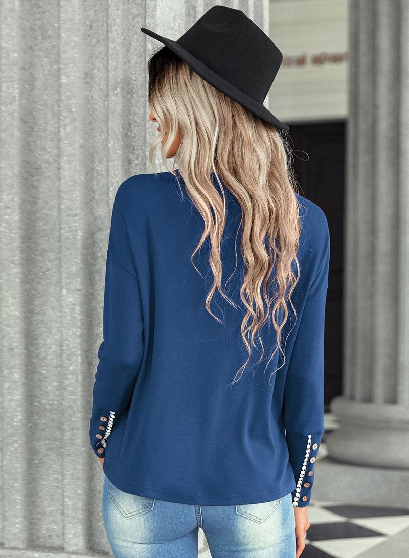 Loquat Solid round neck pullover shirt loose shirt Blue  - Image 2