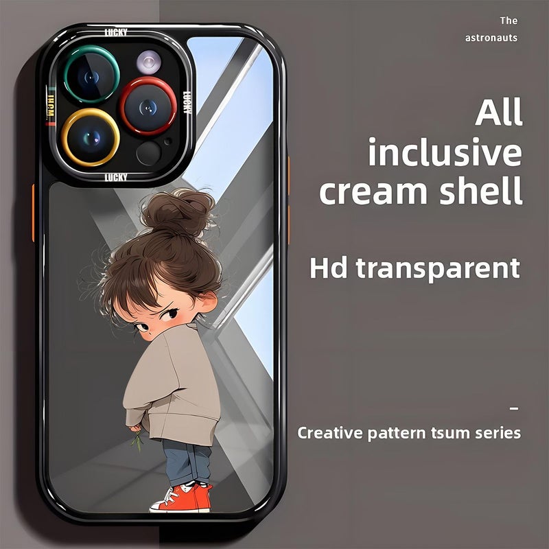 جراب هاتف بلون أخضر فاتح لهاتف iPhone 16 Pro Max – حماية إبداعية فاخرة، عليه رسومات كرتونية لطيفة لفتاة صغيرة وزوجين، قشرة بسيطة باللون الكريمي، جودة عالية، مناسب للرجال والنساء. - Image 1