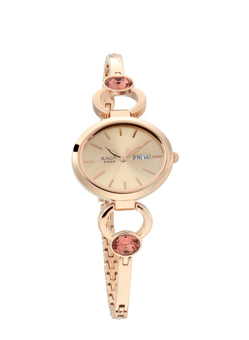 Titan Raga ia Rose Gold Dial Analog with Day and Date Metal Strap Watch for Women - Image 1