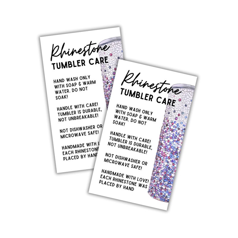 Rhinestone Bling Jeweled Purple Cup Tumbler Custom Mug Care Instruction Cards 50 pk 2x35 Tags Stickers Washing Instructions Glitter DIY Price Tags