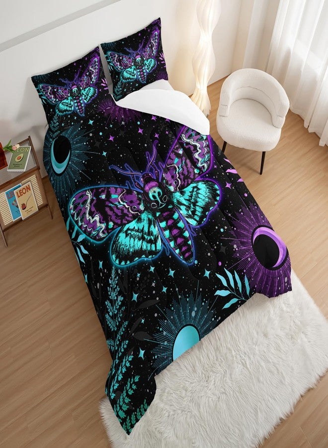HOSIMA Death Moth Aesthetic Comforter Sets Full,Sun and Moon Blue Purple Moth Pattern Bedding Sets Full Size for Girls Boys Room Decor,Ultra Soft Kids Comforter Set with 2 Pillowcases. - Image 3