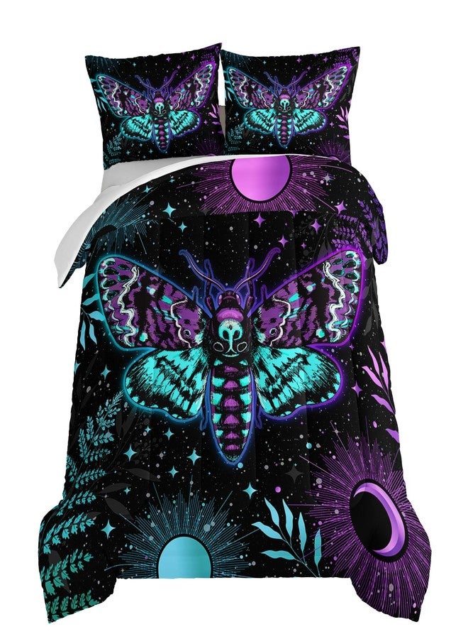 HOSIMA Death Moth Aesthetic Comforter Sets Full,Sun and Moon Blue Purple Moth Pattern Bedding Sets Full Size for Girls Boys Room Decor,Ultra Soft Kids Comforter Set with 2 Pillowcases. - Image 1