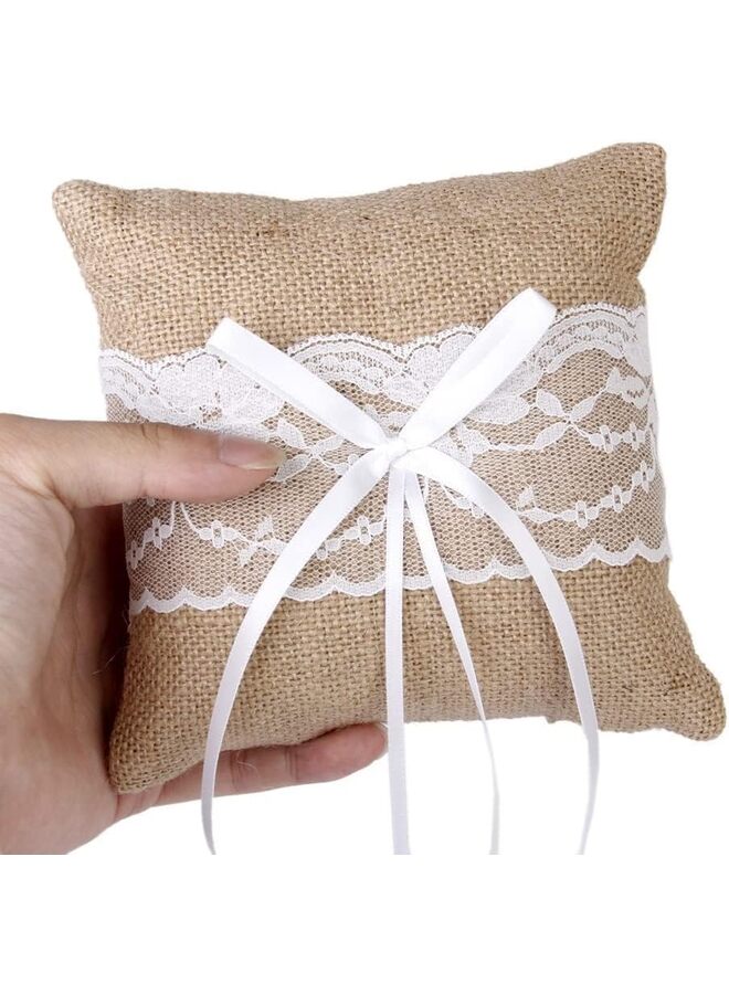 وسادة حامل الخاتم من الخيش والدانتيل، وسادة حامل خاتم الزفاف العتيق، وسادة مجوهرات - Image 4