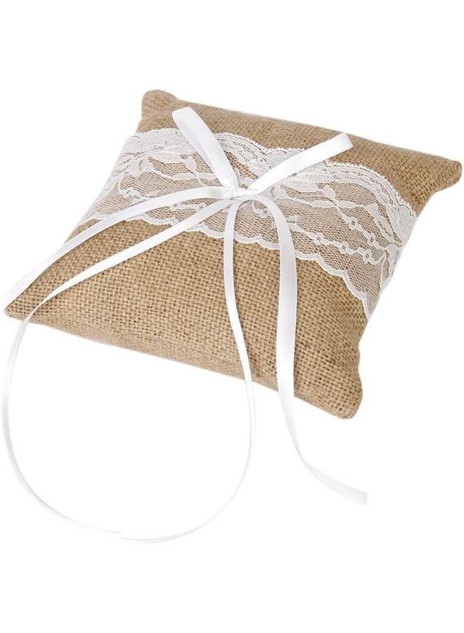 وسادة حامل الخاتم من الخيش والدانتيل، وسادة حامل خاتم الزفاف العتيق، وسادة مجوهرات - Image 3