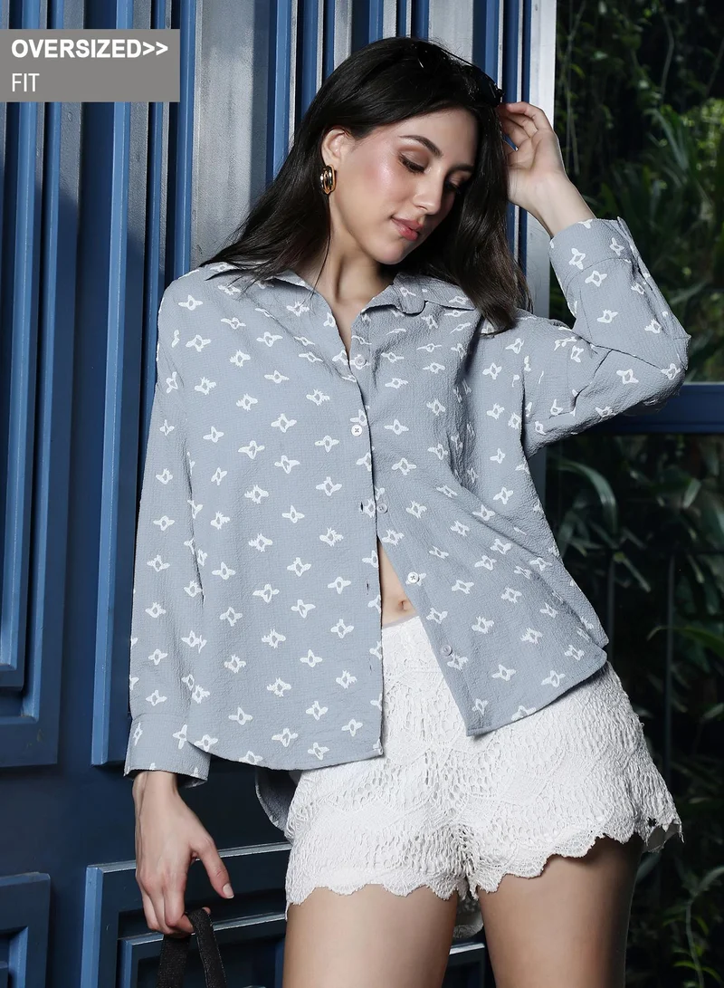 Women's Floral-Tactile Oversized Shirt | Spread Collar , Long Button-Cuff Sleeves, Button Closure | Abstract Print Textured Woven Shirt For Casual & Daily Wear | Baby Blue