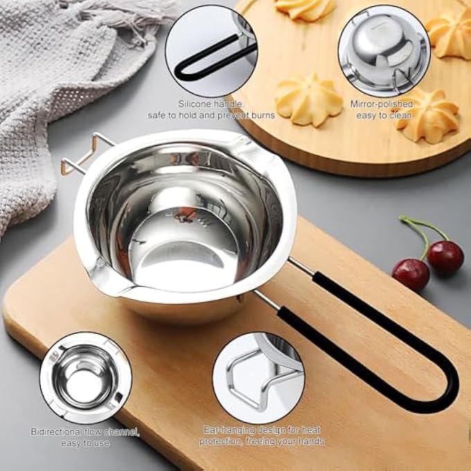 ريحني وعاء ذوبان الشوكولاتة قطعتين، وعاء ذوبان مائي سعة 400 مل، ملعقة من الفولاذ المقاوم للصدأ، مقبض سيليكون للشوكولاتة والسكر والزبدة والجبن والكراميل، شموع من الفولاذ المقاوم للصدأ 304 - Image 4