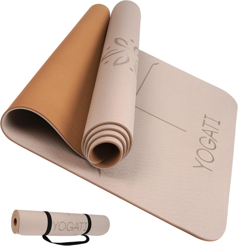 YOGATI ® Yoga Mat with Strap with Alignment Lines. Home Workout Mat for Women, Men and Kids. Thick Non Slip Yoga Mat for Pilates and Fitness. Brown, Pink and Purple Yoga Mats - Image 1