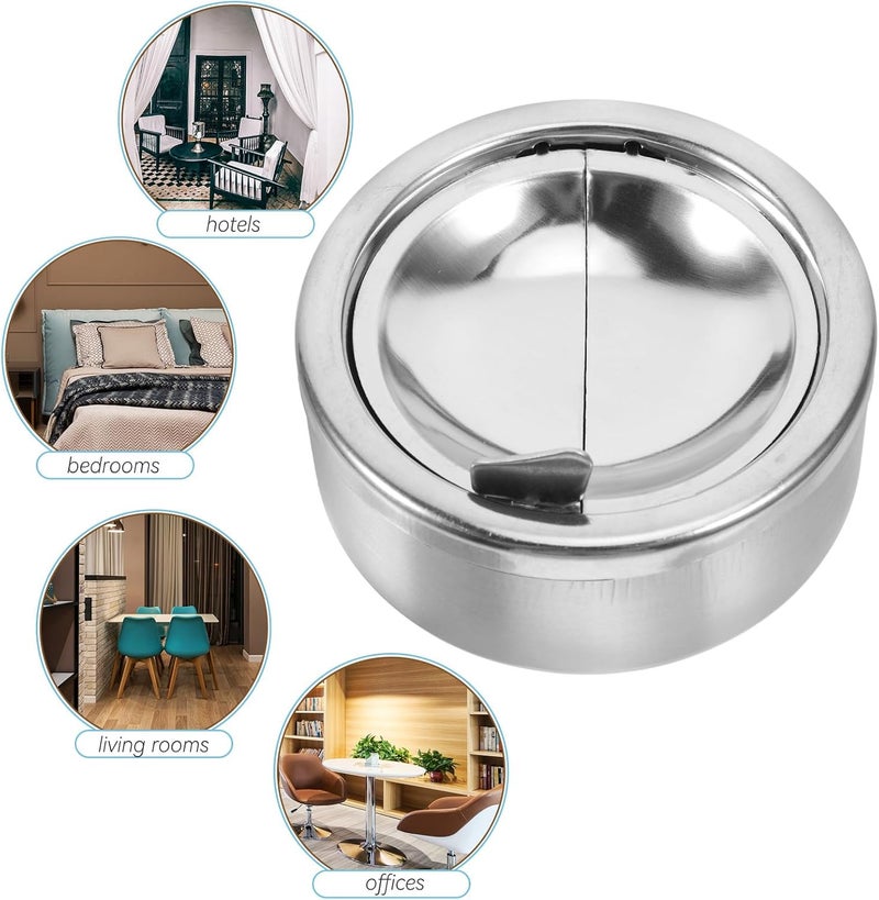 Metal Ashtray with Lid Windproof Thickened Stainless Steel Portable Tabletop Smoking Ash Container for Office Indoor and Outdoor Use - Image 3