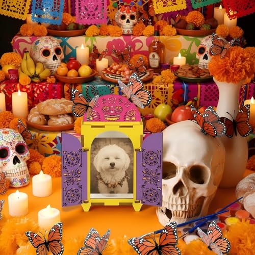 Chunful 27 Pcs Dia De Los Muertos Ofrenda Altar Decorations Day of the Dead Wooden Shadow Box with Picture Frame Marigold Butterfly LED Candles Painting Kit for DIY Altar Ofrenda Remembrance Supplies - Image 1