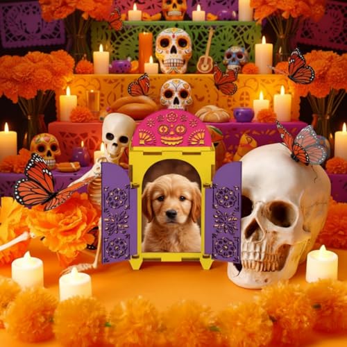Chunful 27 Pcs Dia De Los Muertos Ofrenda Altar Decorations Day of the Dead Wooden Shadow Box with Picture Frame Marigold Butterfly LED Candles Painting Kit for DIY Altar Ofrenda Remembrance Supplies - Image 3