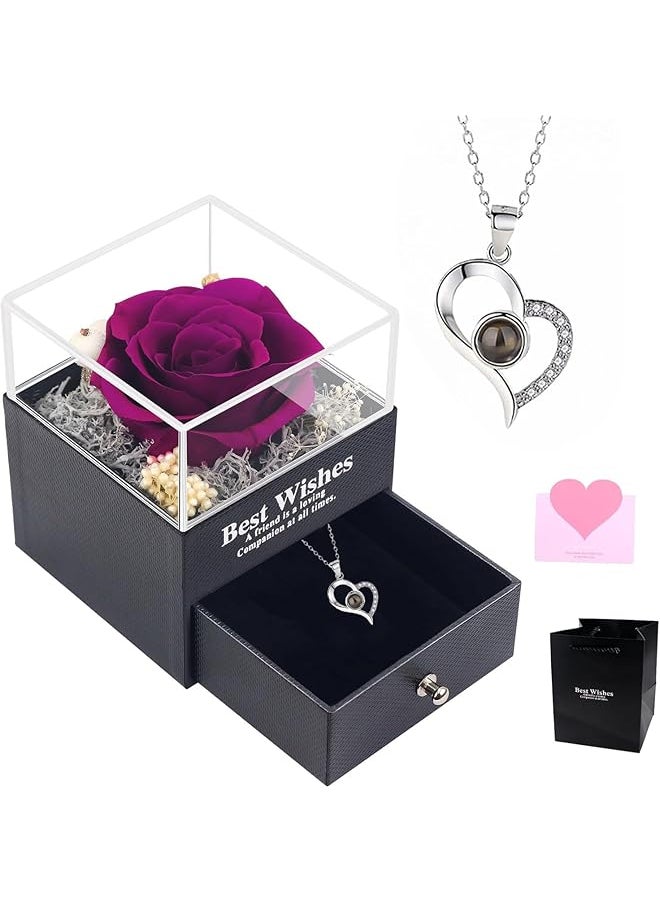 erorex Preserved Real Rose Gift Box with Necklace - Anniversary Birthday Gifts for Women, Wife, Love, Romantic Love Symbol for Valentine's Day, Anniversary, Mother's Day (Purple) 