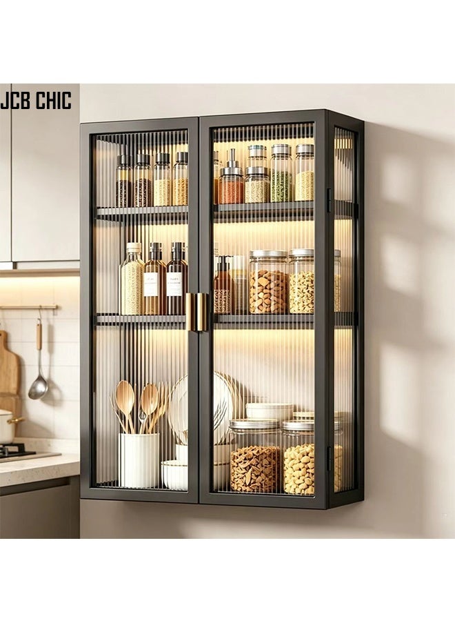 JCB CHIC رف توابل ثلاثي الطبقات للتثبيت على الحائط بأبواب مفردة، تركيب بدون حفر، خزانة تخزين مقاومة للغبار، خزانة حائطية للمطبخ/الحمام لا تتطلب ثقب الجدران، 40×14×70 سم - Image 1