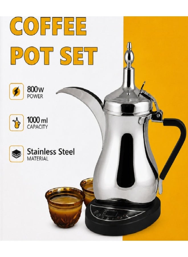Denx Electric Arabic Coffee Pot Set, Stainless Steel, 1000 ml, Model DX2045 800W Power, Traditional Dallah Design, Electric Base, With Serving Cups, Keep Warm Function - Image 3