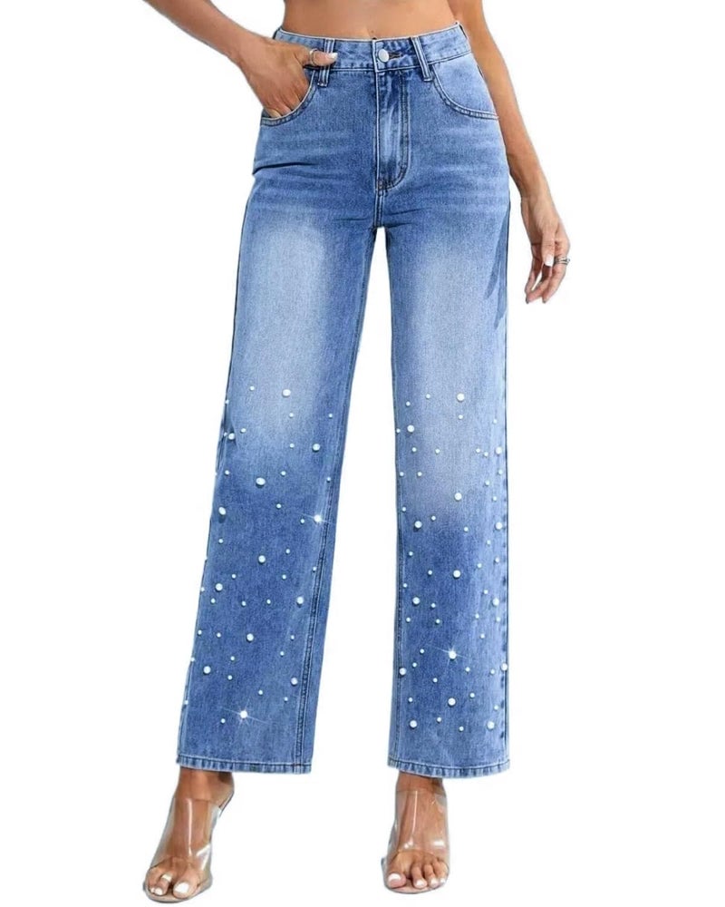 LifeShe Pearl Jeans for Women High Waisted Straight Wide Leg Denim Pants Casual Baggy Boyfriend Trousers Dark Blue - Image 1